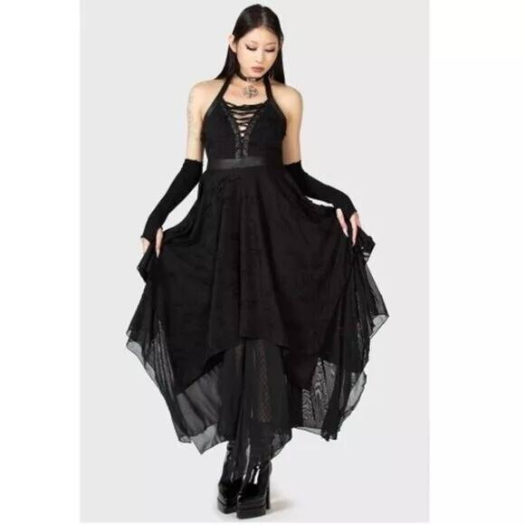 Killstar Badlands Halter Midi Dress L Black Distressed Goth Punk Witchy Vampire - Picture 1 of 12